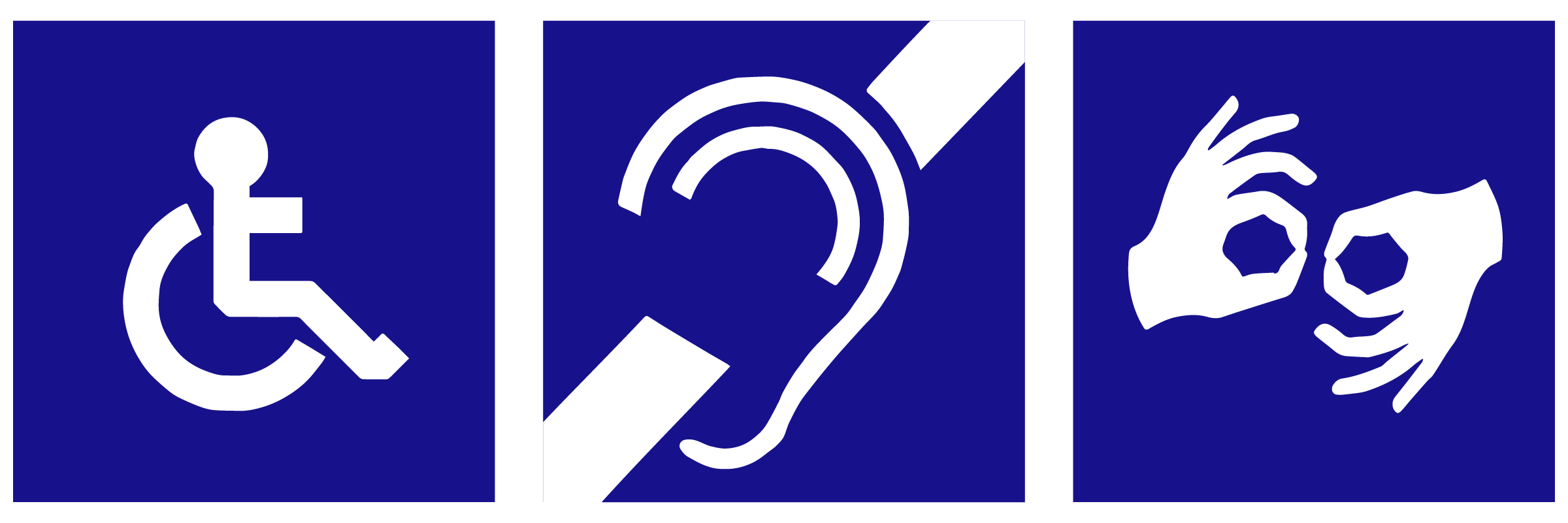 Symbol wózka inwalidzkiego, symbol dla osób niedosłyszących (przekreślone ucho), symbol dla osób niesłyszących (język migowy).